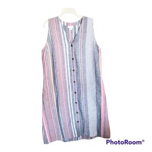 Liz Claiborne Women's 2 Pocket Button Down Linen Blend Multi Striped Color Dress